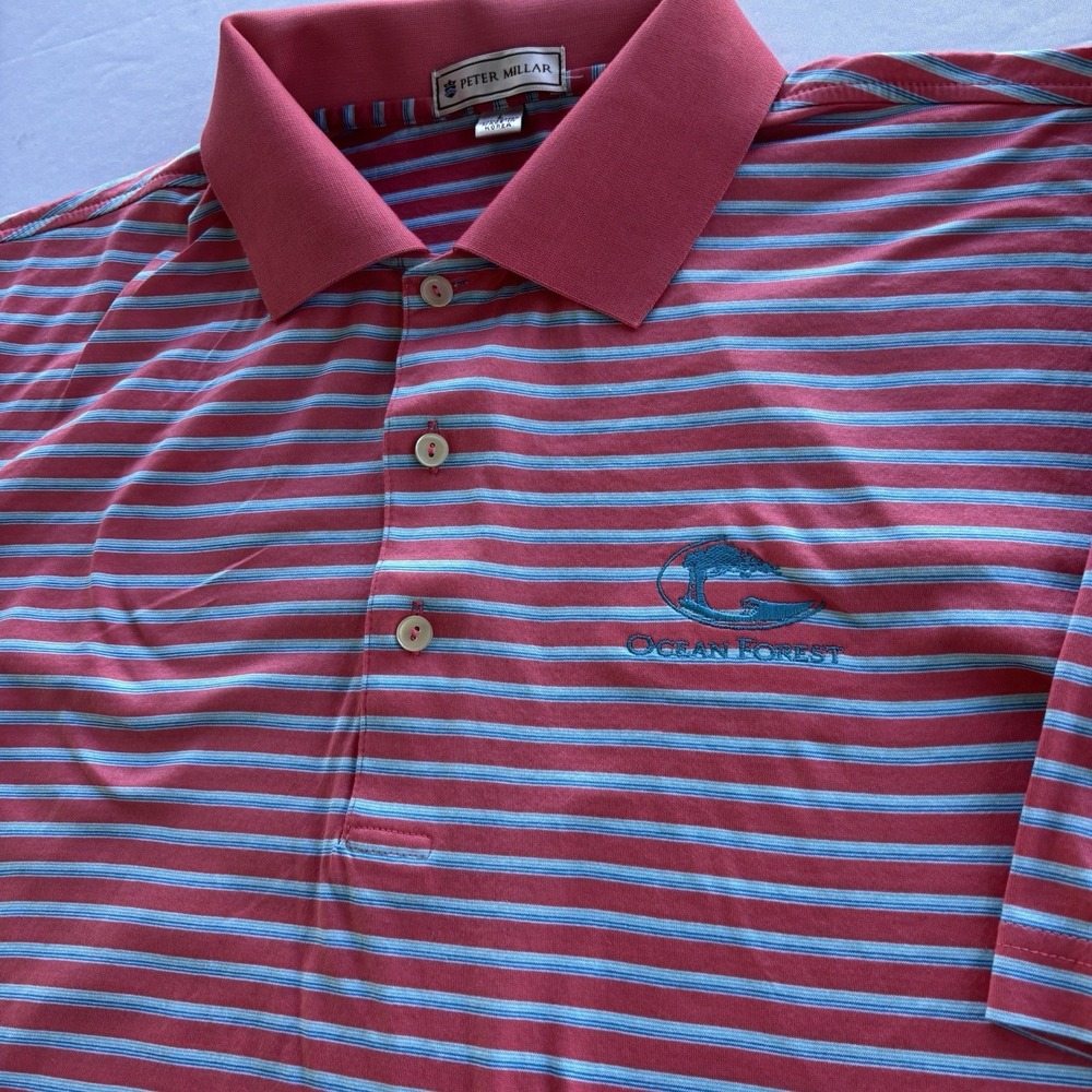 Peter Millar Men's Large Ocean Forest Golf Polo Red Blue Stripe Made In Korea